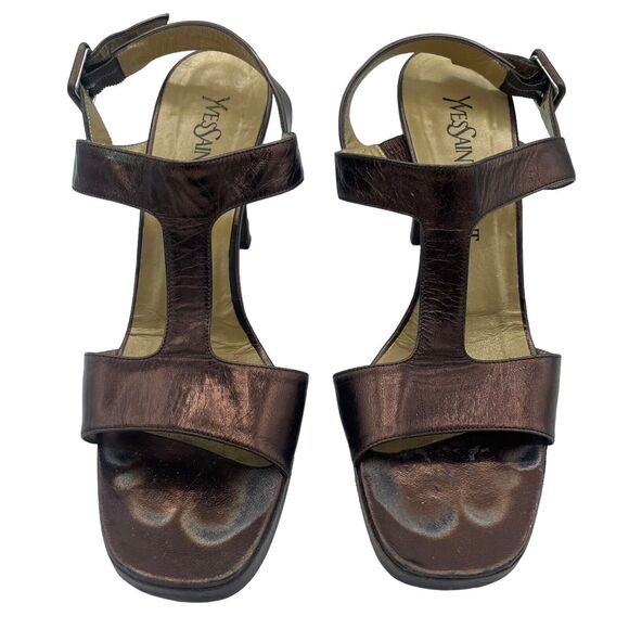 YSL Yves Saint Laurent Heels Women's 6.5 Vintage Retro T-strap Bronze - Picture 1 of 12